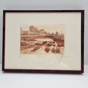 Vintage Original Artpiece Etching Print Limited Edition  Spanish Seeside Town